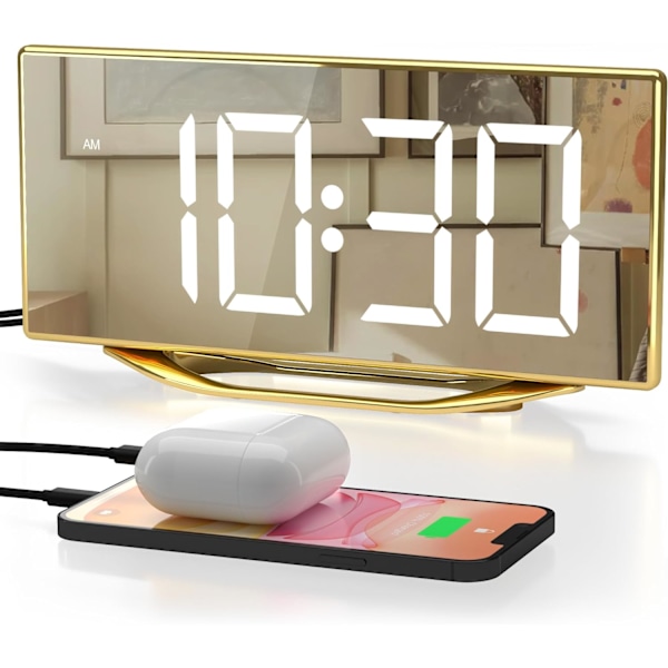 Superhøj alarmur med sengevibrator til tunge sovende og digitalt spejlur til soveværelset, stort LED-display med 2 USB-opladere