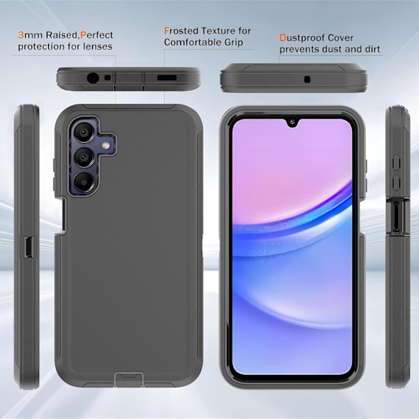 til Galaxy A15 5G Cover med Eksplosionssikker Film [2 Pak], 3 i 1 Stødsikker TPU Hård PC Bumper Faldsikker Skal til Galaxy A15 5G, Sort Sort