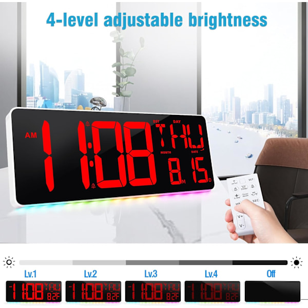 Stor digital väggklocka med fjärrkontroll, LED-väggklocka med 9-färgad nattlampa, digital väggklocka med stor display, dubbel alarm, digital röd