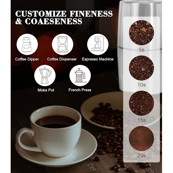 Elektrisk kaffekvarn - Kaffebönkvarn i rostfritt stål för kaffe Espresso Latte Mochas, One-Touch-kvarn för örter, kryddor, spannmål och mer