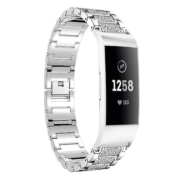Klokkebånd i solid rustfritt stål med diamanter for Fitbit Charge 3 SYW Silver