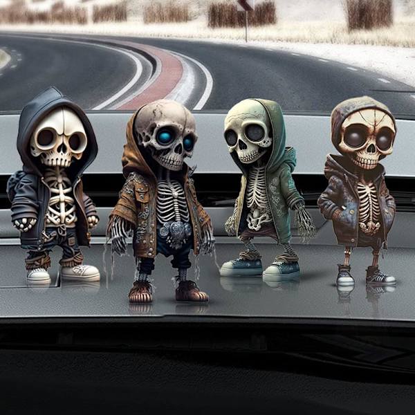 4 stk. seje skeletfigurer gotiske kraniefigurer harpikshåndværkspynt, 2023 personlige mini seje skeletindretning kranieinstrumentbræt
