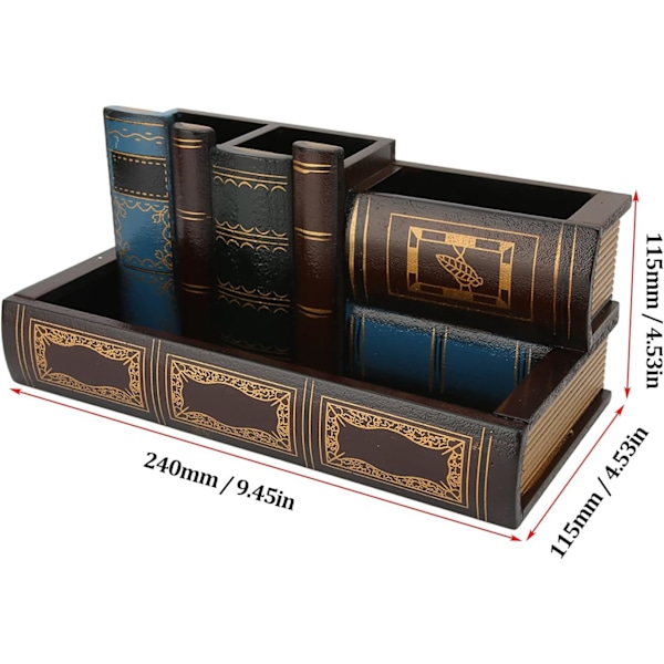 Retro n-hållare, Vintge Fke Book Shd Trä ncil Holder Skrivbordsorganisatör med låda Trä ncil Cup för hemmakontor Studie Librry