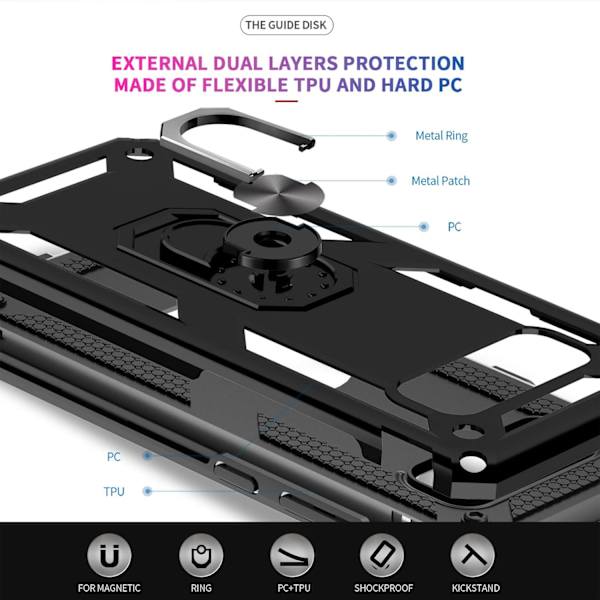 til Note 8 Cover med [2 Pak] 3D Skærmbeskytter, Militær-Klasse Magnetisk Ringholder & Støtteben, Sort Sort