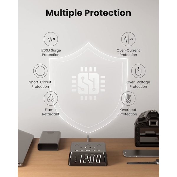 Vækkeur med 4 USB-opladere, stikdåse med 3 stikkontakter, 1700J overspændingsbeskyttelse, natbordslampe med dæmpbar digitalt ur med dobbelt alarm og snooze-funktion