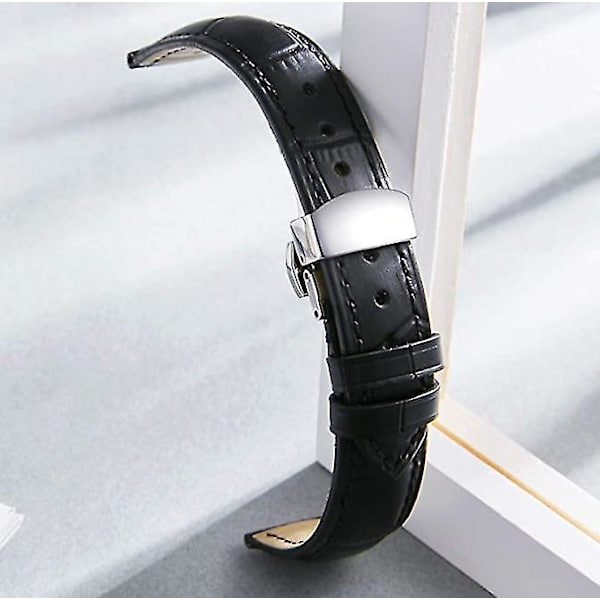 Läderklockarmband Ersättning Alligator Rem För Män Kvinnor Med Silver Fjärils Deployment Spänne Black 19mm