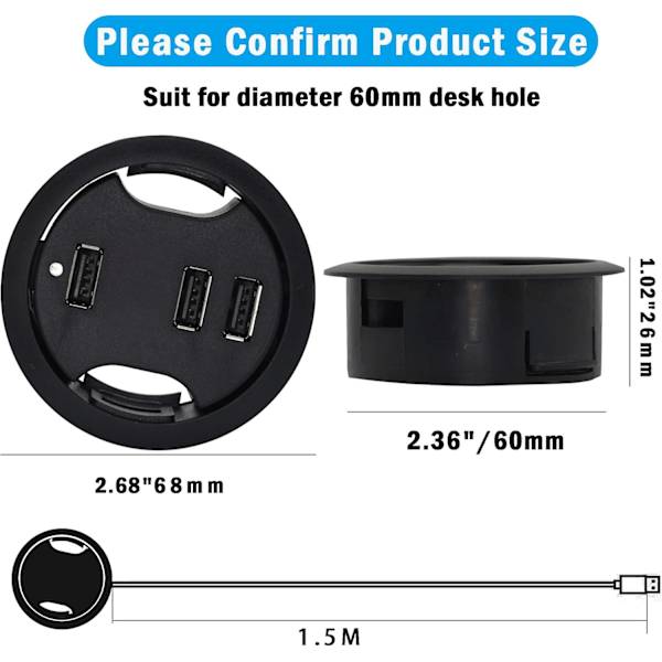 USB-skrivebordsgennemføring, 3-port USB 2.0-hub, montering på skrivebord