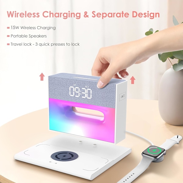 För sovrum, väckarklocka Bluetooth-högtalare, väckarklocka med trådlös laddning, 4 i 1 touch-sänglampa, Bluetooth-väckarklocka för tung vit