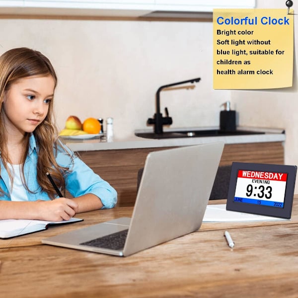 Klocka med dag och datum för äldre - 3 färger display digital kalender väckarklocka demens Alzheimers klocka med extra stor display (7in svart)