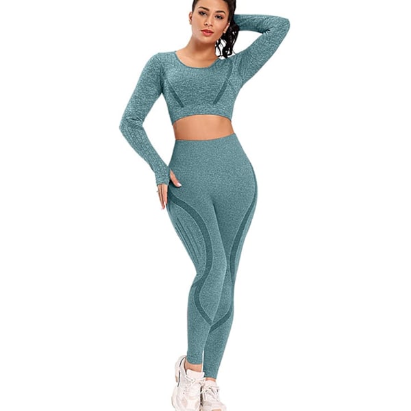 Kvinnors träningskläder Yoga 2 delar sömlös långärmad crop top hög midja