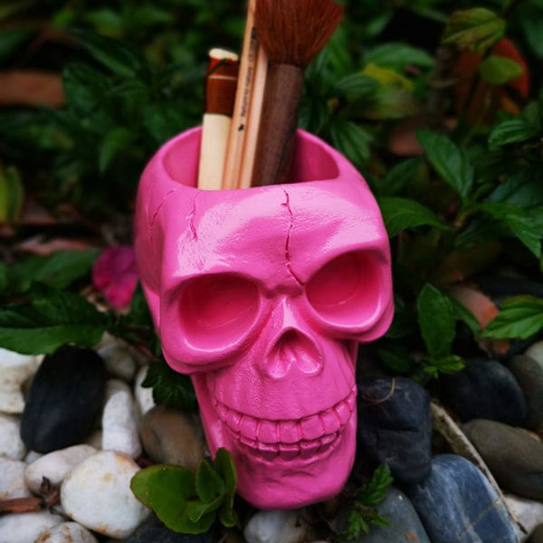Mkeup børste orgnizer kraniehoved n holder blyantholder kop beholder orgnizer til hjemmekontor halloween borddekoration lyserød multi multi