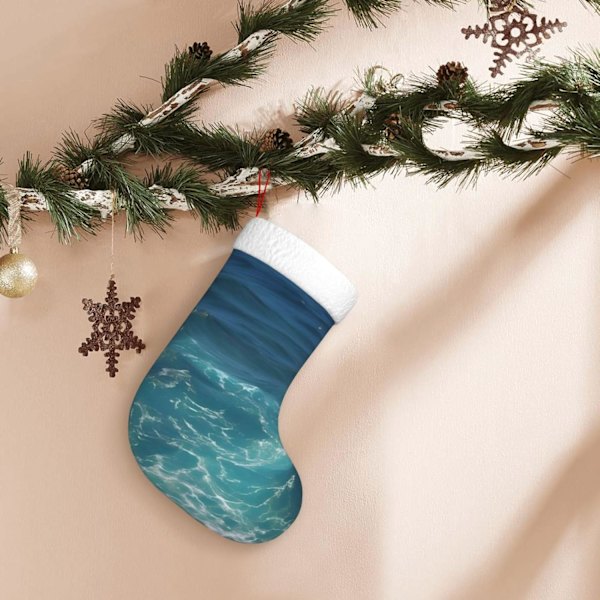 Tryckta Julstrumpor I Djupblått, Julstrumpor Med Vit Mjuk Plyschkant, Söt Juldekoration