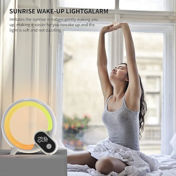 Smart Wake Up Light, Nattlampa för Sovrum, Smart Alarmklocka med Bluetooth APP och Fjärrkontroll, Sänglampa för Sömn Vit