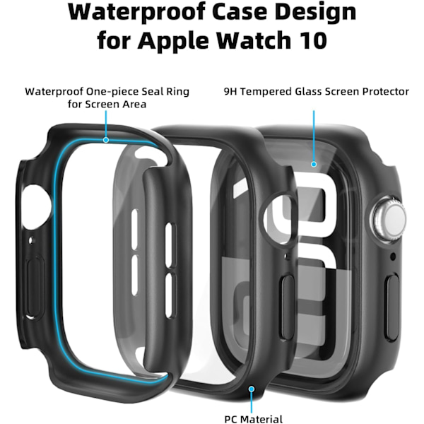 【2 kpl】 2 in 1 vedenpitävä kotelo Apple Watch -näytönsuojalle 46 mm Series 10 -lisätarvikkeet karkaistulla lasikalvolla ja PC-puskurisuojuksella