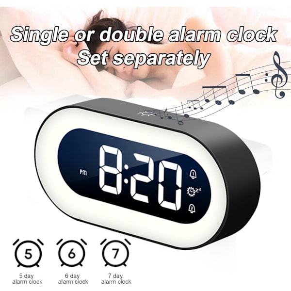 Väckarklocka, nattlampa + väckarklocka, stor display med fet stil, justerbar alarmvolym, 12/24 timmar, snooze, litet skrivbord för sovrum svart