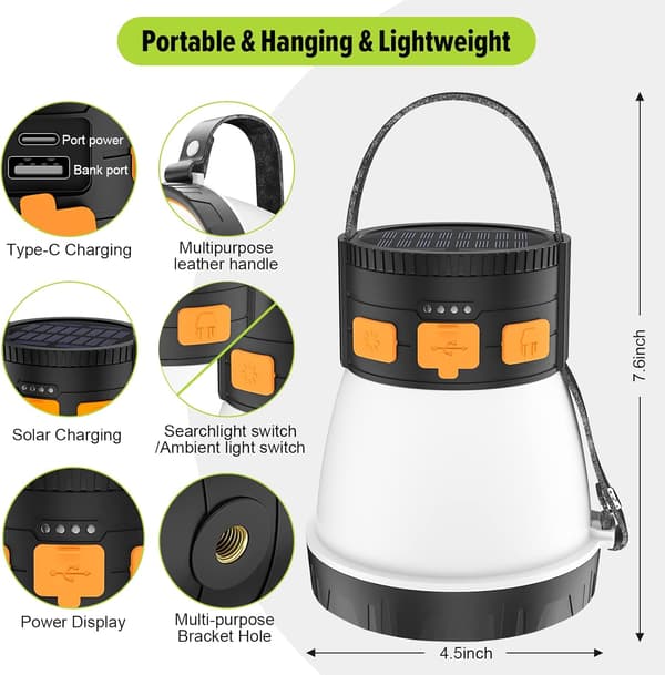 LED Campinglykt, 1500 Lumen Oppladbar Campinglykt med Solcellepanel, Vanntett, 8 Lysmoduser, 7500mAh Powerbank, Camping