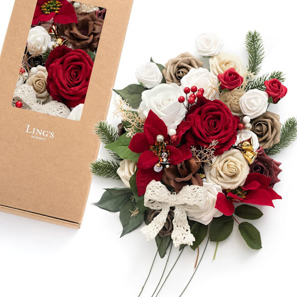 Kunstige blomster og grønt kombinationsboks sæt til DIY jul rød & gnistre
