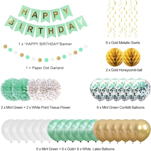Mintguld fødselsdagsdekorationer - Festartikler til kvinder og piger