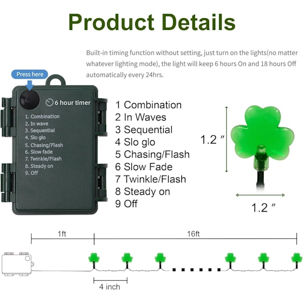 2-pack St. Patrick's Day Shamrock-lampor, 50 LED utomhus dekorativa ljusslingor, batteridriven Lucky Clover-lampa, 8 belysningslägen och timer,