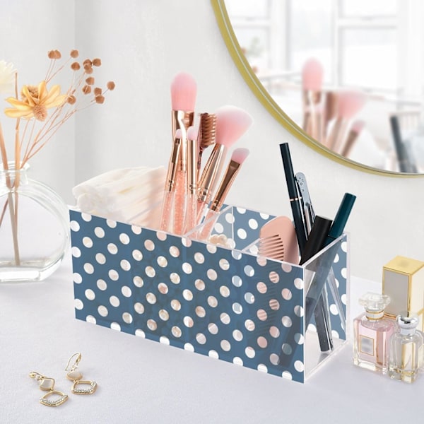 Akryl Penneholder med 4 rum og hvide prikker - Penneholder til skrivebord eller makeupbørster - Hvide prikker - One size