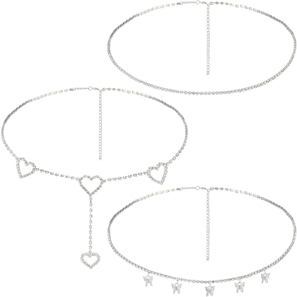 3-delad strass midje- och magkedja för kvinnor med diamantfjäril