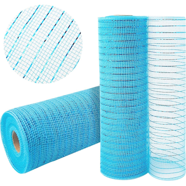 2 Rolls Turquoise Light Blue Deco Mesh Ribbon 10 in x 30 ft Metallic Mesh