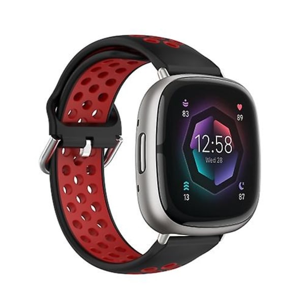 For Fitbit Sense To-farvet perforeret åndbar silikoneurrem LJJ Black-Red