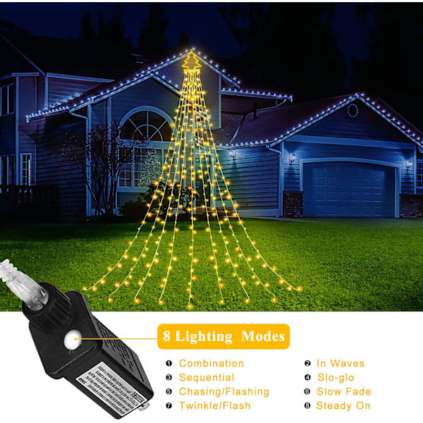 Juledekorasjon utendørs juletrelys, 320 LED 16,4 fot utendørs fetopperlys [8 moduser og vanntett], med 11\" opplyst juletre