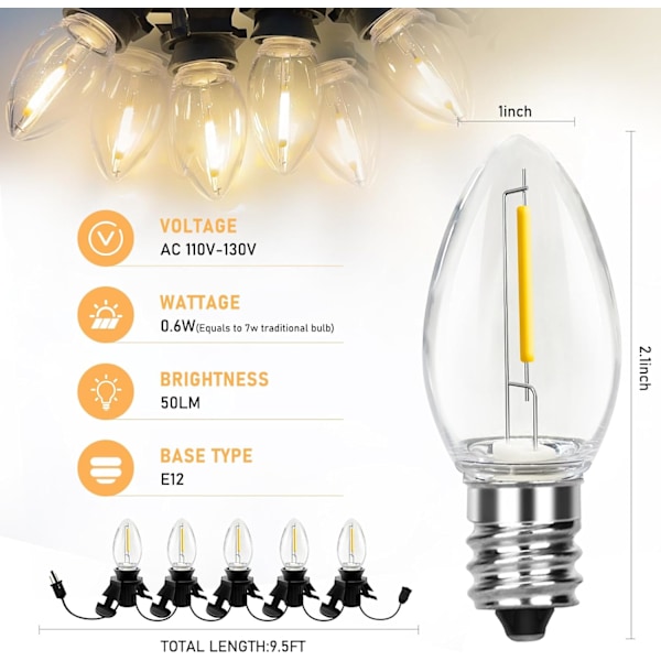 Julslinga med 5 LED-lampor, 9,5 fot julblåsningsljus, anslutningsbara C7-lampklämmor för hantverk