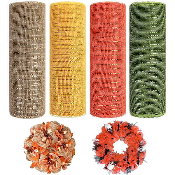 4Rolls Fall Deco Mesh Ribbon for Wreaths Making Supplies, 10Inch x 30Ft