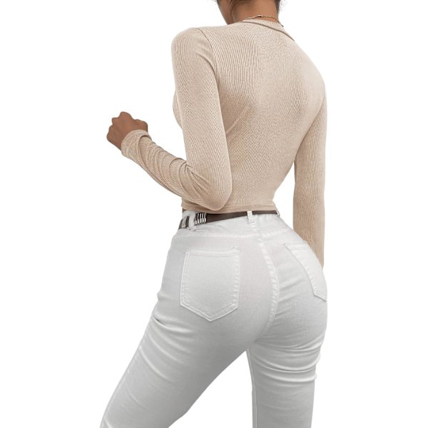 Kvindernes Mock Neck Langærmet Ribstrikket Slim Fittet Crop