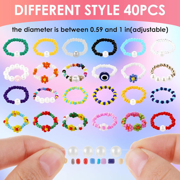 Daisy Flower Bead Rings Set - Regnbuefarvede elastiske staplingsringe til kvinder og piger