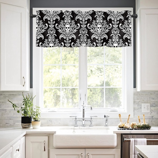 Winow Valance Ro Pocket Panel för kök Beroom Winows Halloween Scary Skl Skeleton amask Flower Valances Kort gardin Badrum Behandling Svart