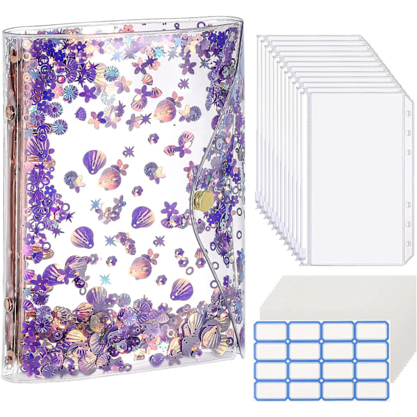 Purple Glitter Binder - MoKo A6 Budget Notebook with 12 Zip Pockets, Blank Papers, and Sticky Labels