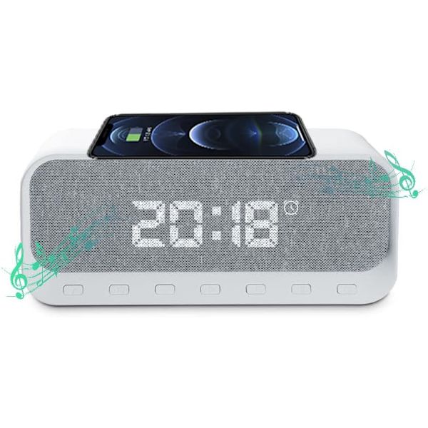 Väckarklocka Radio, Sängbords LED Väckarklocka med USB-laddare & Trådlös QI-laddning, 5.2 Bluetooth-högtalare, FM-radio för djupsövande Vit Vit