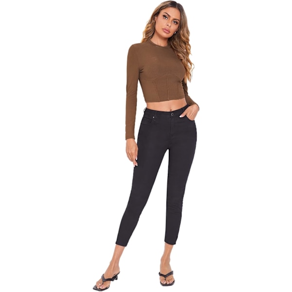 Kvinnors Mock Neck Långärmad Ribbstickad Slim Fitted Crop