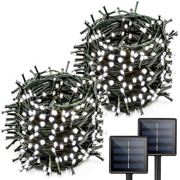 Hvite ekstra lange 2-pakker Hver 72ft 200 LED solstrenglys utendørs, vanntett grønn ledning 8 lysmoduser soljulelys for hage