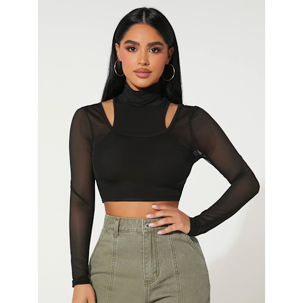 Kvinners utskårne langarmede rundhalsade Crop Top Slim
