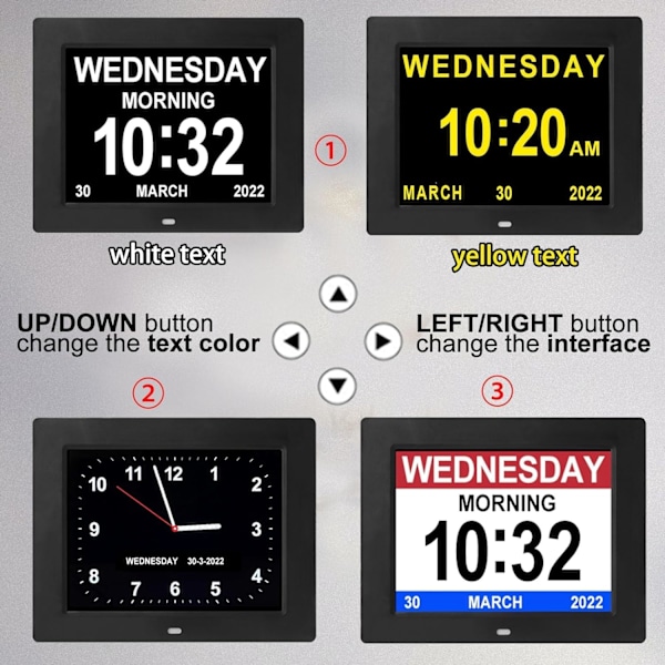 12 Alarms Stor Demens Klokke 8 tommer, Eldre Auto Dimming LED Digital Kalender Klokke med Dag Dato Tid for Soverom Stue og Vegg (Svart)