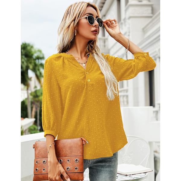 Kvinners Casual 3/4 Ermet Henley V-Hals Knappet Opp Plissert Bak Bluser Sveitsisk