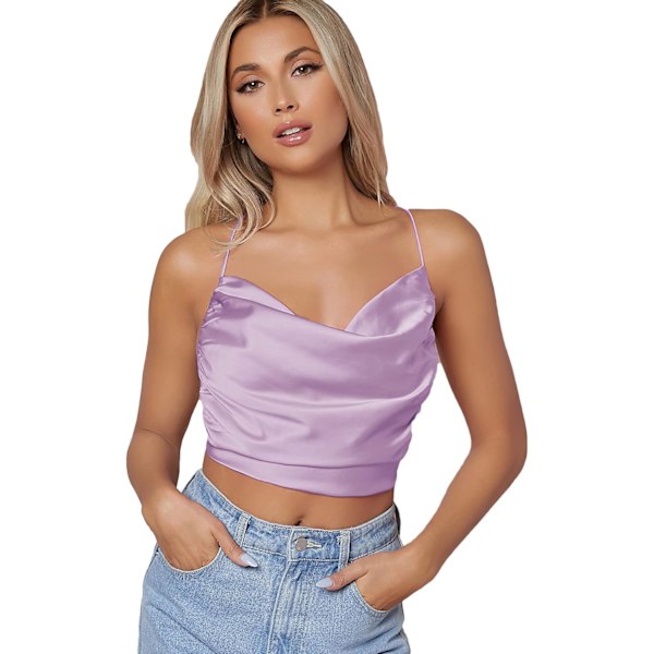 Kvinners Spaghetti Stropp Satin Draperte Ryggløs Tie Back Crop Cami Top
