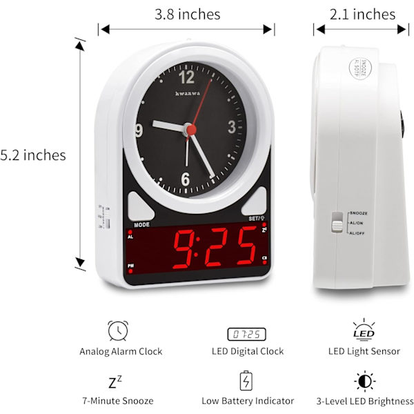 Väckarklocka, Analog klocka & LED digital klocka, Ljussensor LED klocka, Snooze, 12 timmar, Väckarklocka för sovrum, vardagsrum, bokhylla, barn, vit