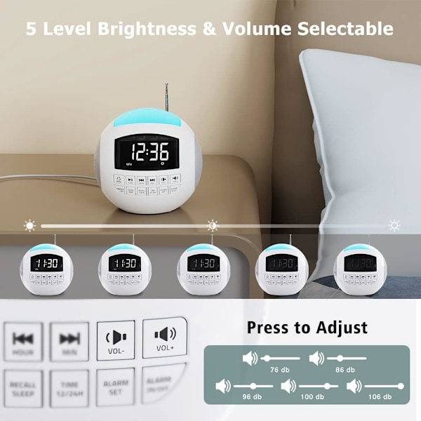 Klockradio, Bluetooth-väckarklockradio, dubbel väckarklocka med USB-laddare, 7-färgs nattlampa, 12/24H, DST, 5 justerbar volym, dimmer för