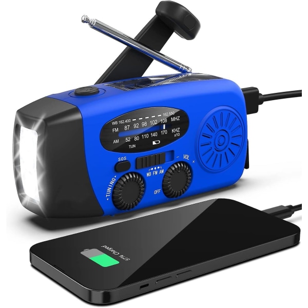 Hätäkäsikampiradio, jossa 3 led-taskulamppu, Am/fm/noaa kannettava sääradio 2000 mAh:n Power Bank -puhelinlaturilla, aurinkoenergialla toimiva USB blue