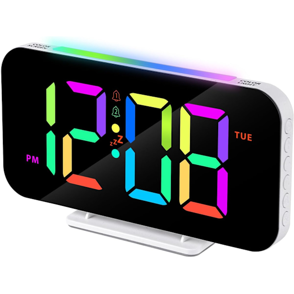 för sovrum - Stor digital klocka med dynamisk RGB-display, nattlampa, dubbel alarm, klocka för skrivbord sängbord - Vit Vit Vit