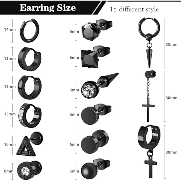 Musta ruostumaton teräs korvakorut - Hypoallergeeninen risti- ja sarana design - Unisex muotikorut 15 kappaleen setti