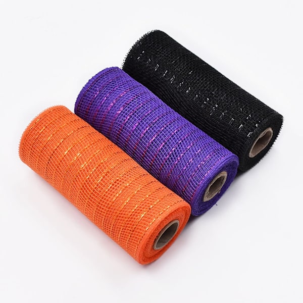 Halloween Polyester Mesh Ribbon Deco Metallic Fall Mesh Metallic Foil Black