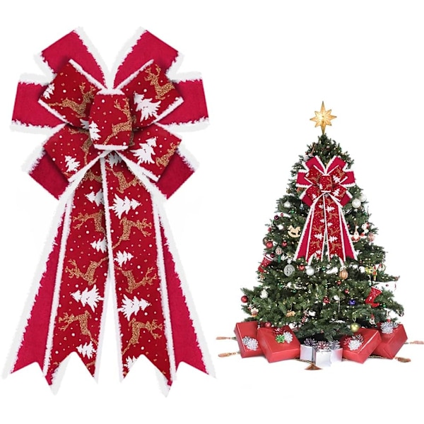 Store julebuer for krans, røde fløyelsbuer for juledekorasjon med glitter