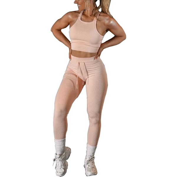Träningsset för kvinnor 2-delat Ribbat sömlöst Racer Crop Tops Ruched Butt