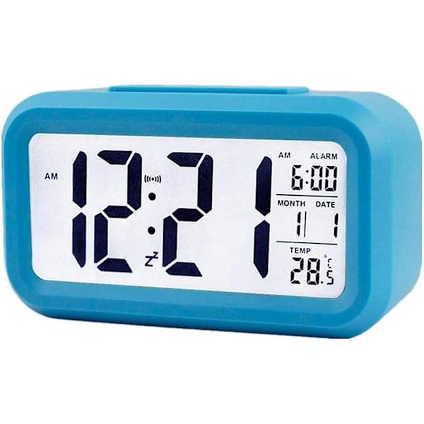 Vækkeur LED Digitalt Stort Display Snooze Nattelys Batteriur med Dato Kalender Temperatur til Hjemmekontor Rejse Soveværelse Skrivebord (Blå)